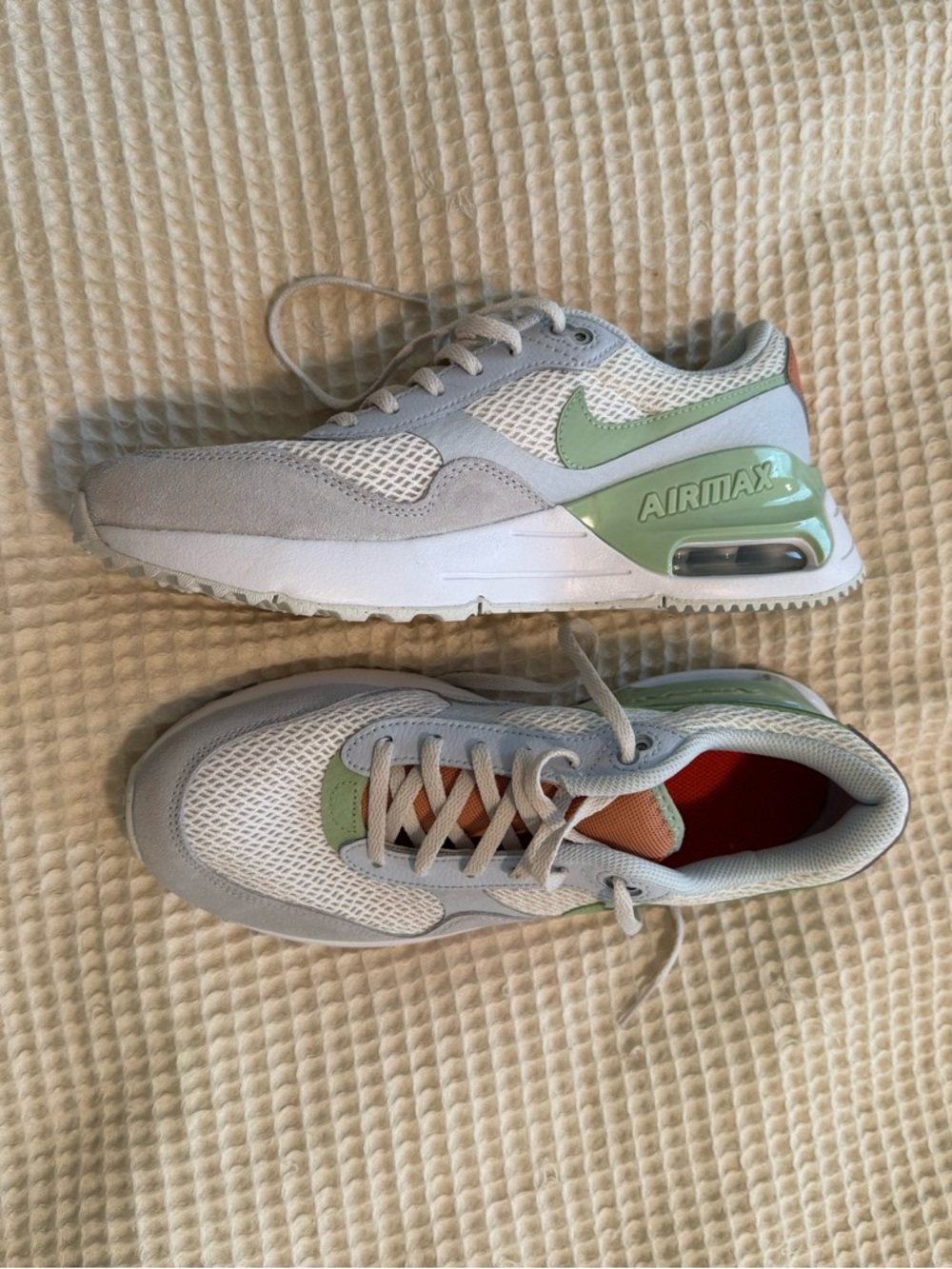 Nike AirMax Sneakers — White, Sage & Orange Accents